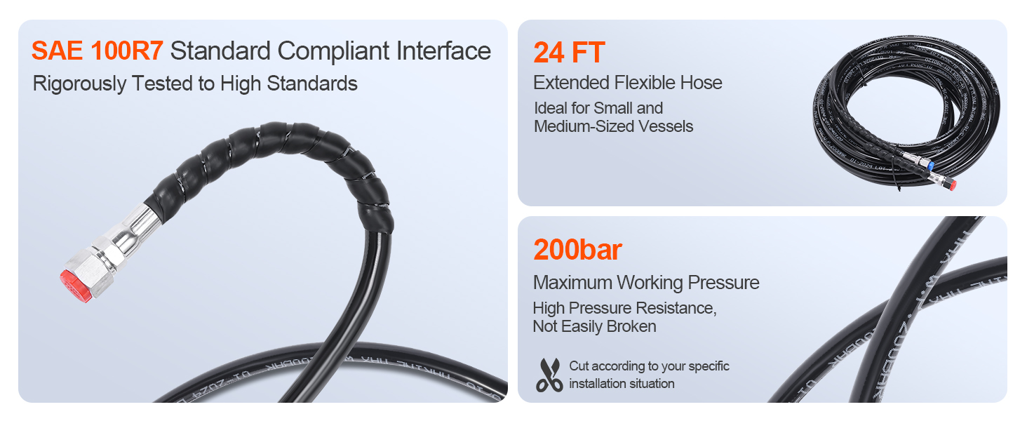 sae 100r7 compliant, 24ft extended flexible hose, 200bar pressure for VEVOR hydraulic outboard steering kit.
