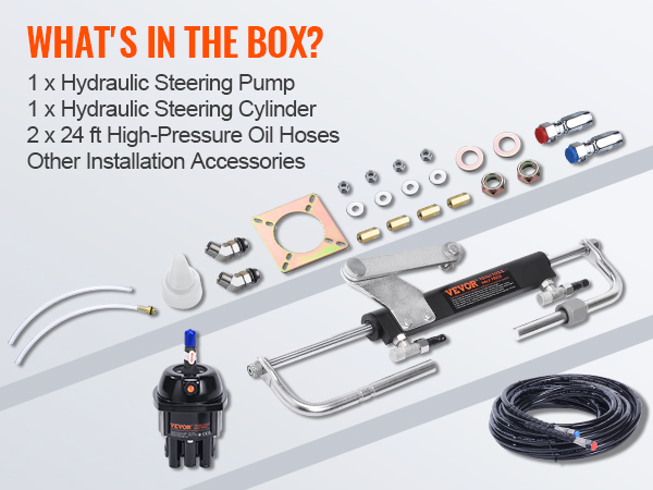 VEVOR hydraulic outboard steering kit components: pump, cylinder, oil hoses, and installation accessories.