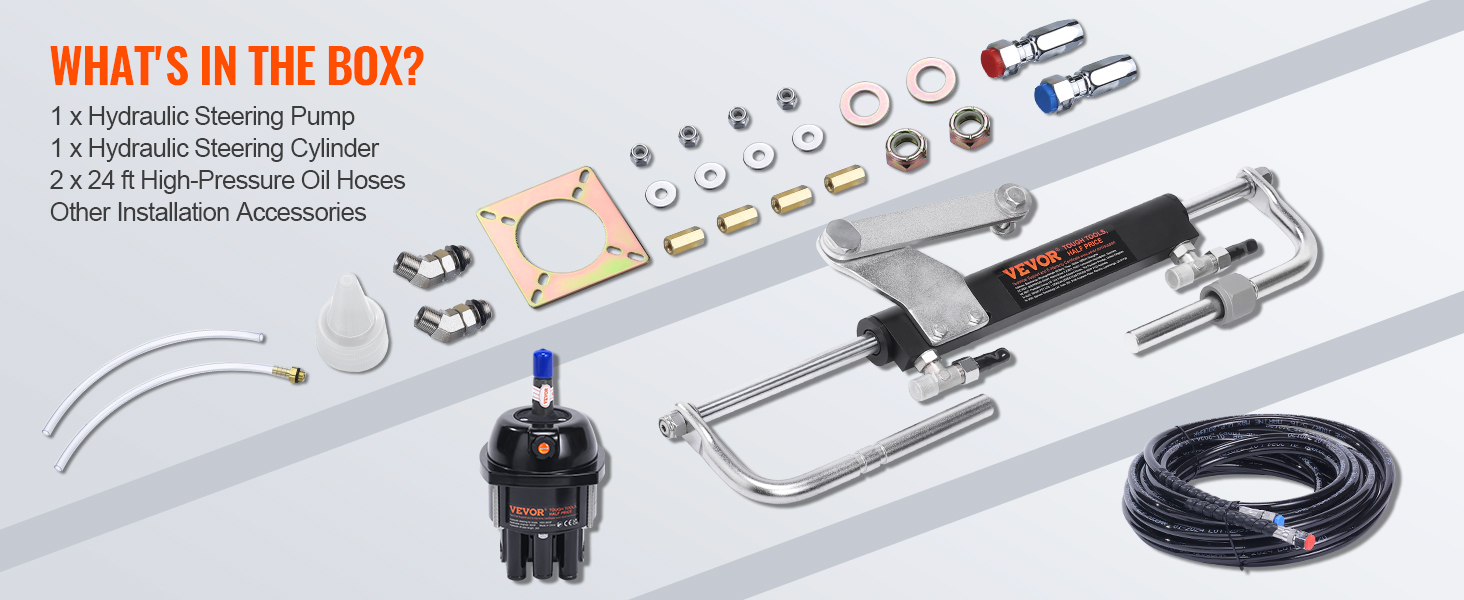VEVOR hydraulic outboard steering kit components: pump, cylinder, oil hoses, and installation accessories.