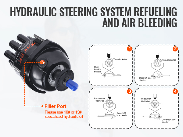 VEVOR hydraulic outboard steering kit with refueling and air bleeding instructions and filler port.