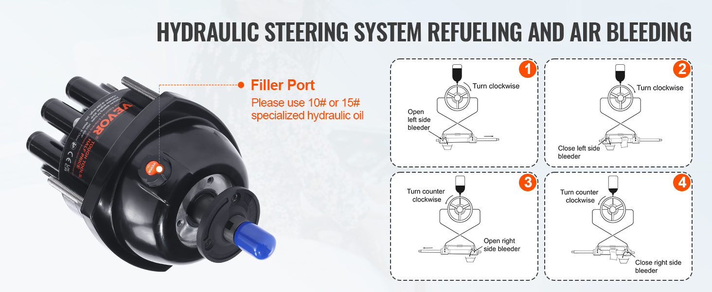 VEVOR hydraulic outboard steering kit with refueling and air bleeding instructions and filler port.
