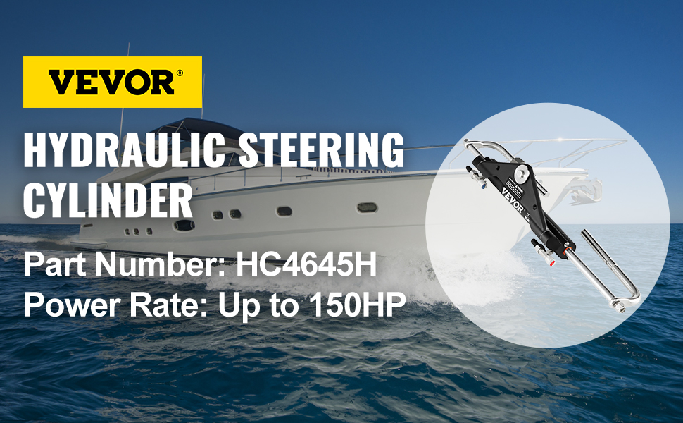 VEVOR hydraulic marine steering cylinder with boat and specifications.