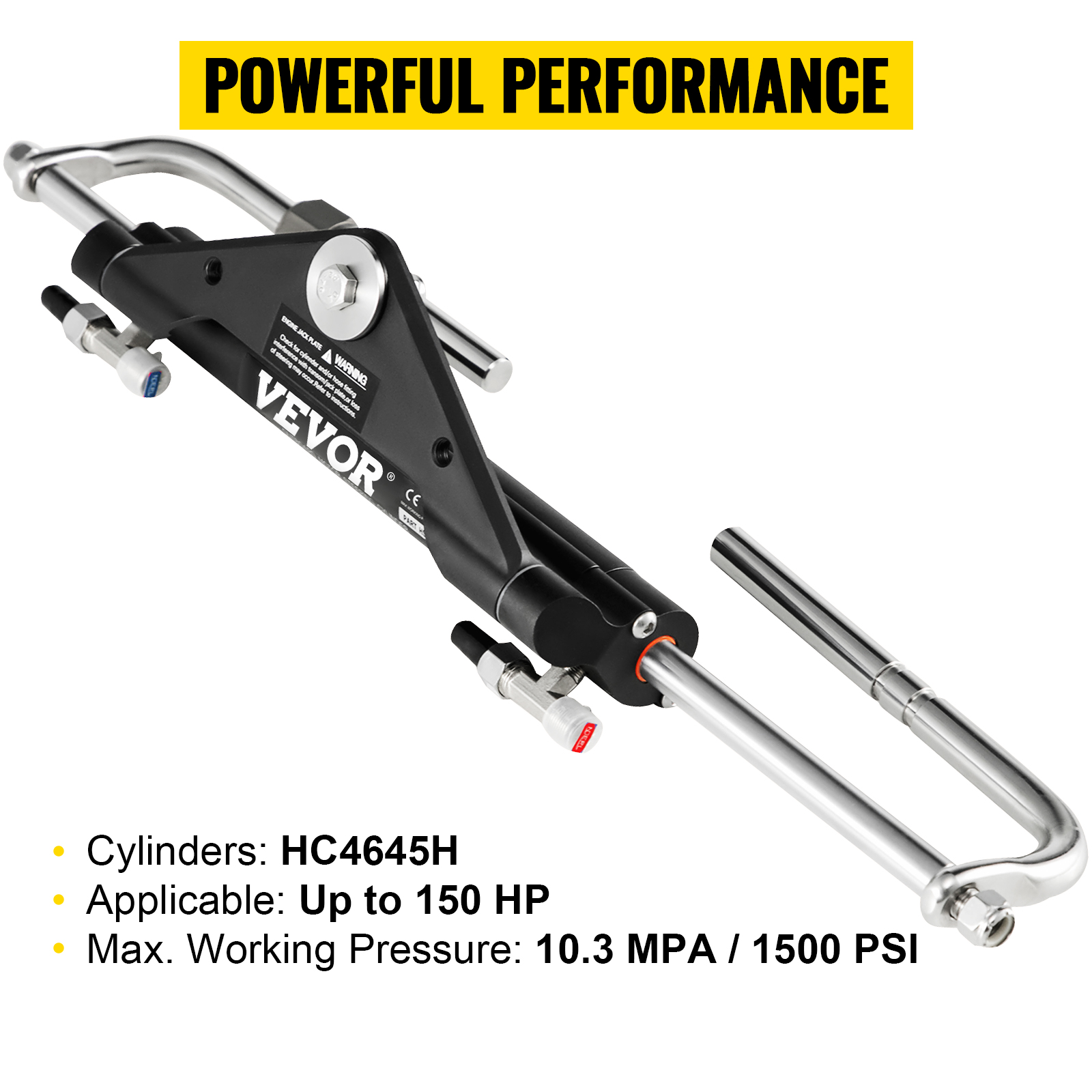 VEVOR hydraulic marine steering cylinder with 150 hp capacity and 10.3 mpa pressure.