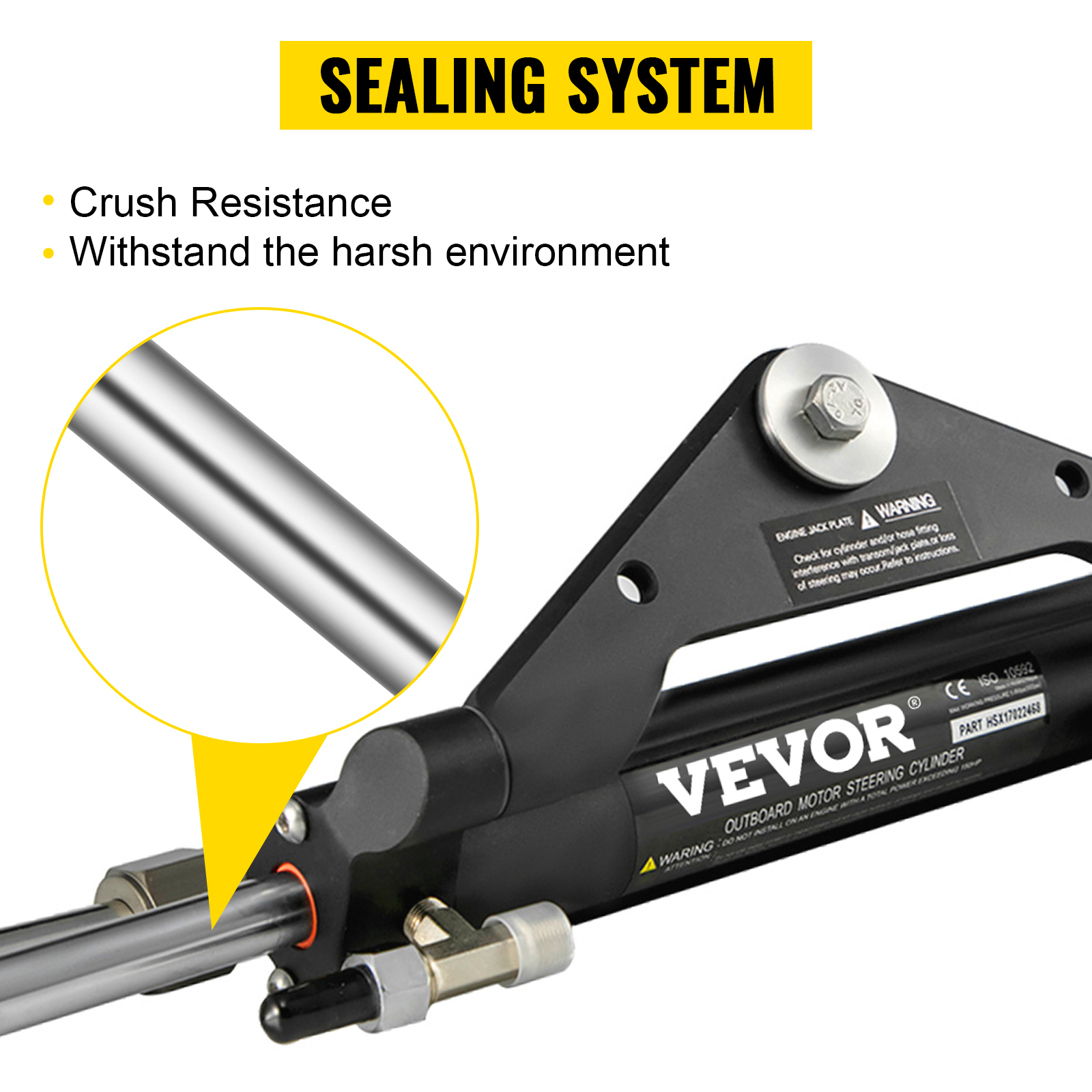 VEVOR hydraulic marine steering cylinder with crush resistance and durable sealing system.