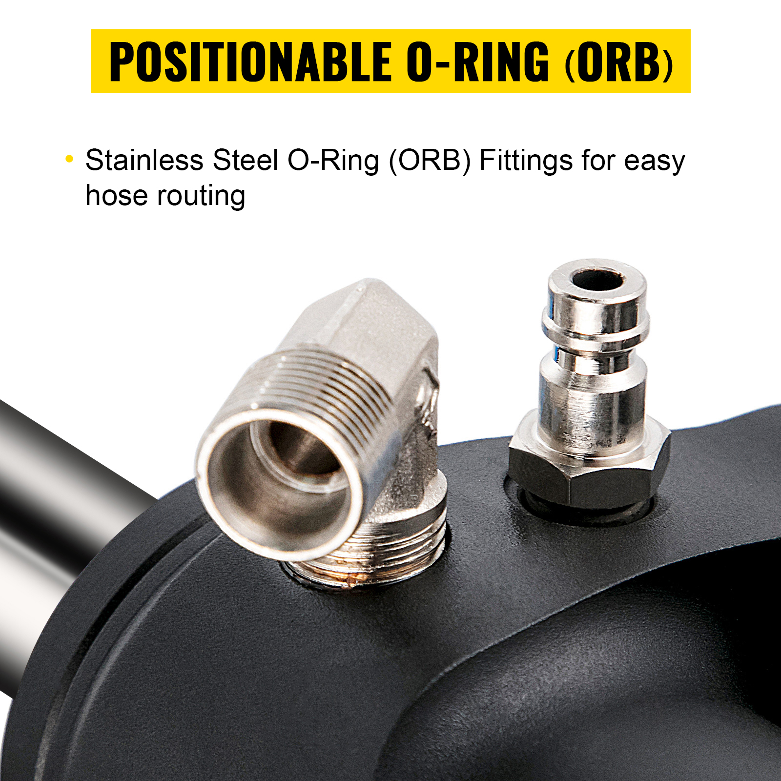 stainless steel fittings on VEVOR hydraulic marine steering cylinder for easy hose routing.