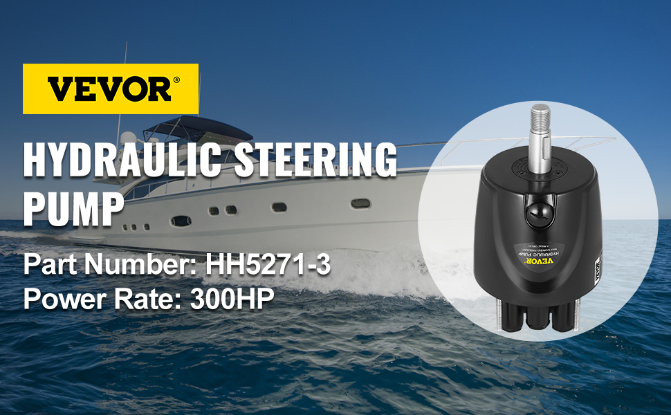 VEVOR hydraulic steering pump, part number hh5271-3, power rate 300hp, with yacht background.