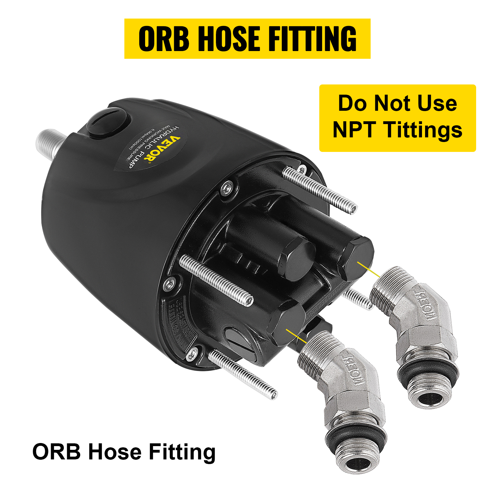 VEVOR hydraulic steering pump showing orb hose fittings, with text "do not use npt fittings".
