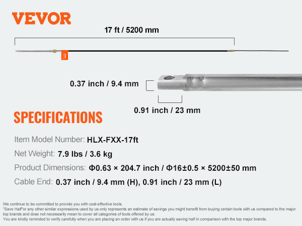 VEVOR boat steering cable specifications: 17ft length, weighs 7.9 lbs, 0.37in height, 0.91in length end.