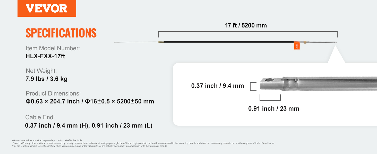 VEVOR boat steering cable specifications: 17ft length, weighs 7.9 lbs, 0.37in height, 0.91in length end.