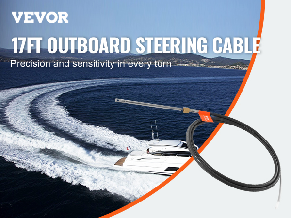VEVOR 17ft outboard steering cable showcasing precision with boat riding on water in the background.