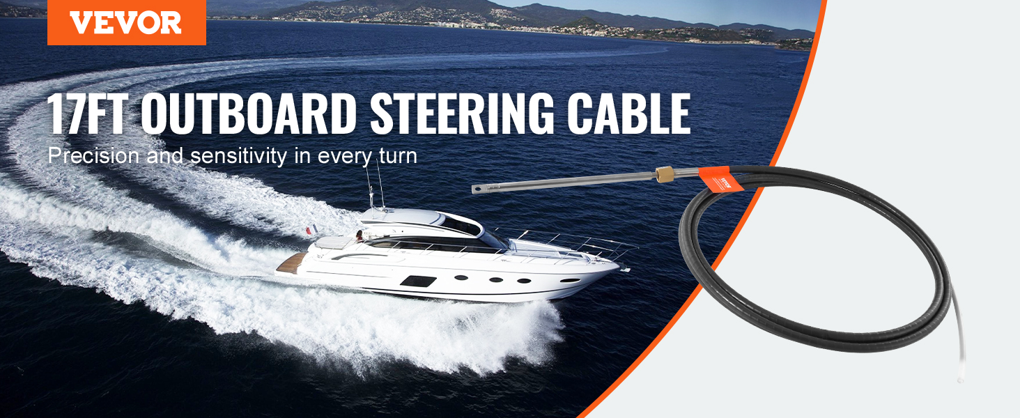VEVOR 17ft outboard steering cable showcasing precision with boat riding on water in the background.