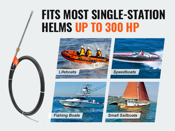 VEVOR boat steering cable for lifeboats, speedboats, fishing boats, and small sailboats up to 300 hp.