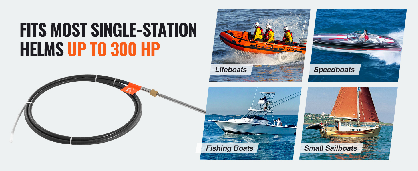 VEVOR boat steering cable for lifeboats, speedboats, fishing boats, and small sailboats up to 300 hp.