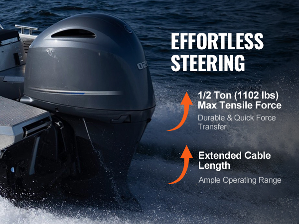 boat on water with VEVOR boat steering cable, showcasing max tensile force and extended cable length.