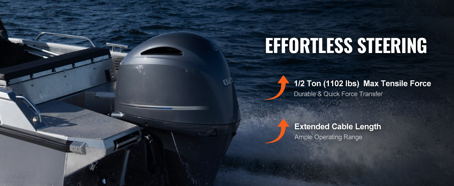 boat on water with VEVOR boat steering cable, showcasing max tensile force and extended cable length.