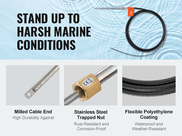 VEVOR boat steering cable with milled cable end, stainless steel trapped nut, and flexible polyethylene coating.