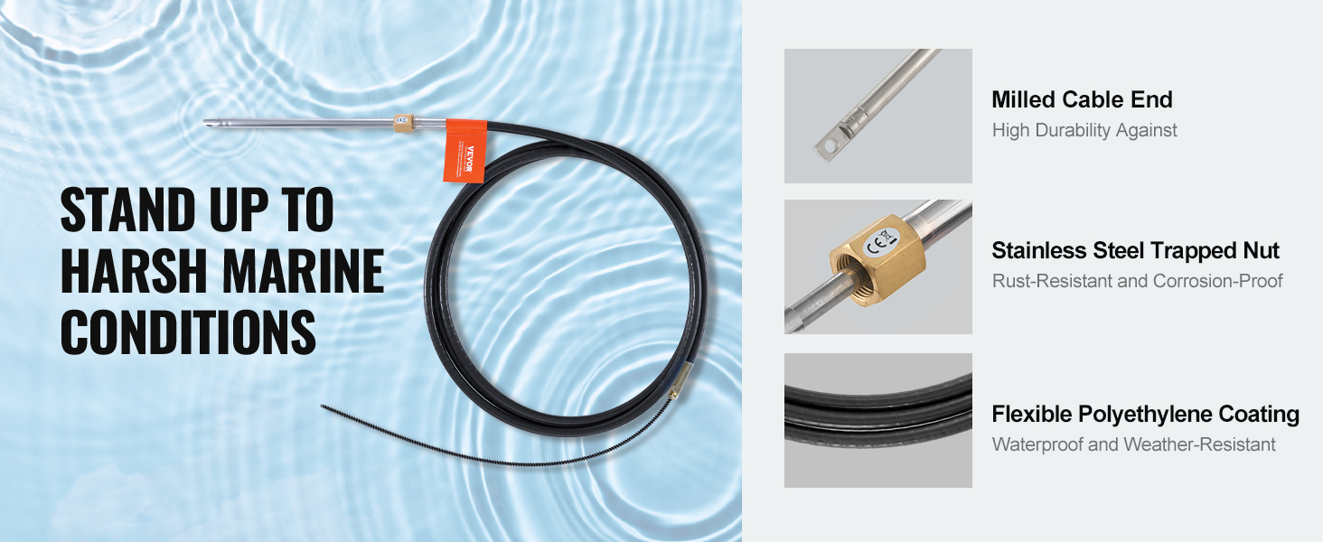 VEVOR boat steering cable with milled cable end, stainless steel trapped nut, and flexible polyethylene coating.