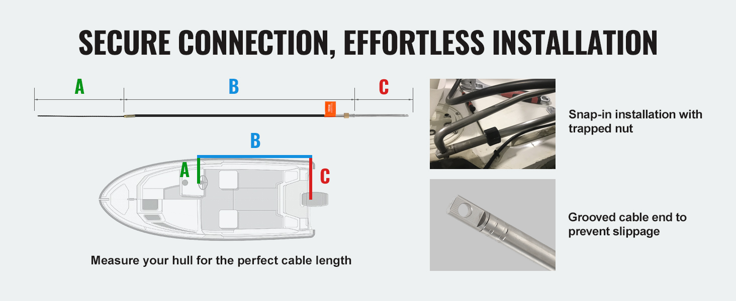 secure connection and easy installation of VEVOR boat steering cable, with snap-in installation and grooved ends.