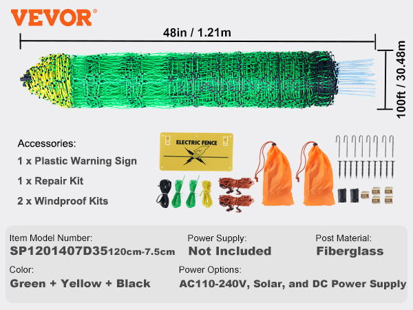VEVOR electric fence netting, green, yellow, black, accessories: warning sign, repair kit, windproof kits.