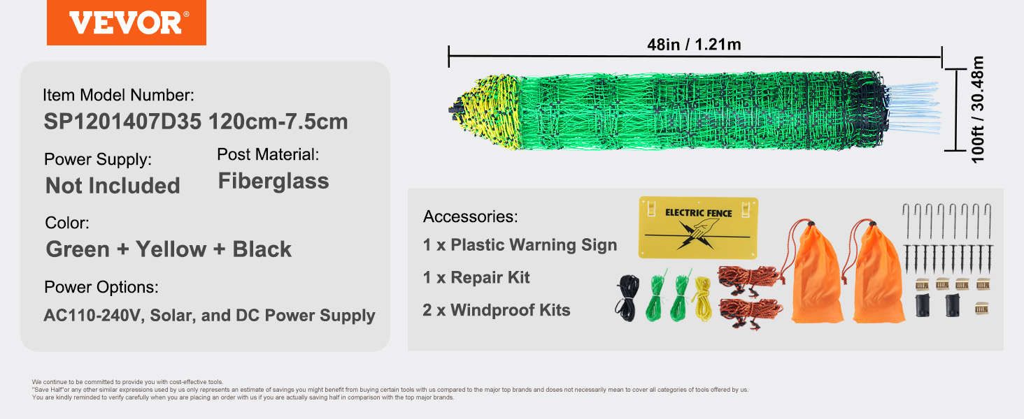 VEVOR electric fence netting, green, yellow, black, accessories: warning sign, repair kit, windproof kits.