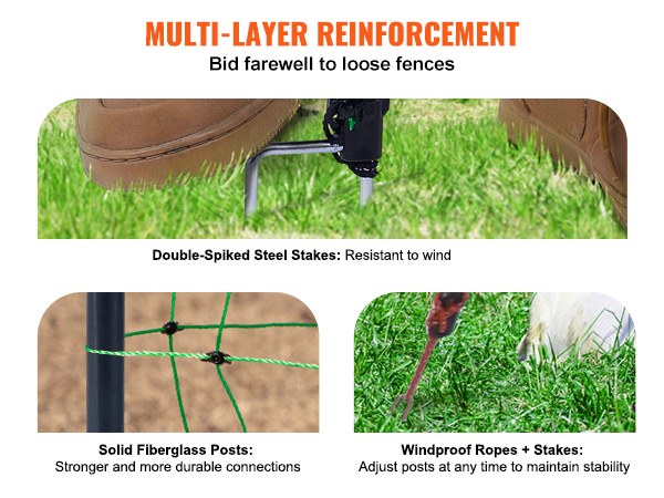 multi-layer reinforcement of VEVOR electric fence netting with double-spiked steel stakes and fiberglass posts.