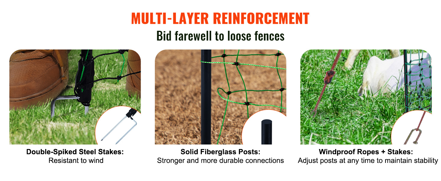 multi-layer reinforcement of VEVOR electric fence netting with double-spiked steel stakes and fiberglass posts.