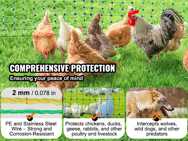 VEVOR electric fence netting protecting chickens with durable pe and stainless steel wire on green grass.