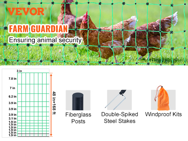 VEVOR electric fence netting for animal security, featuring fiberglass posts and double-spiked steel stakes.