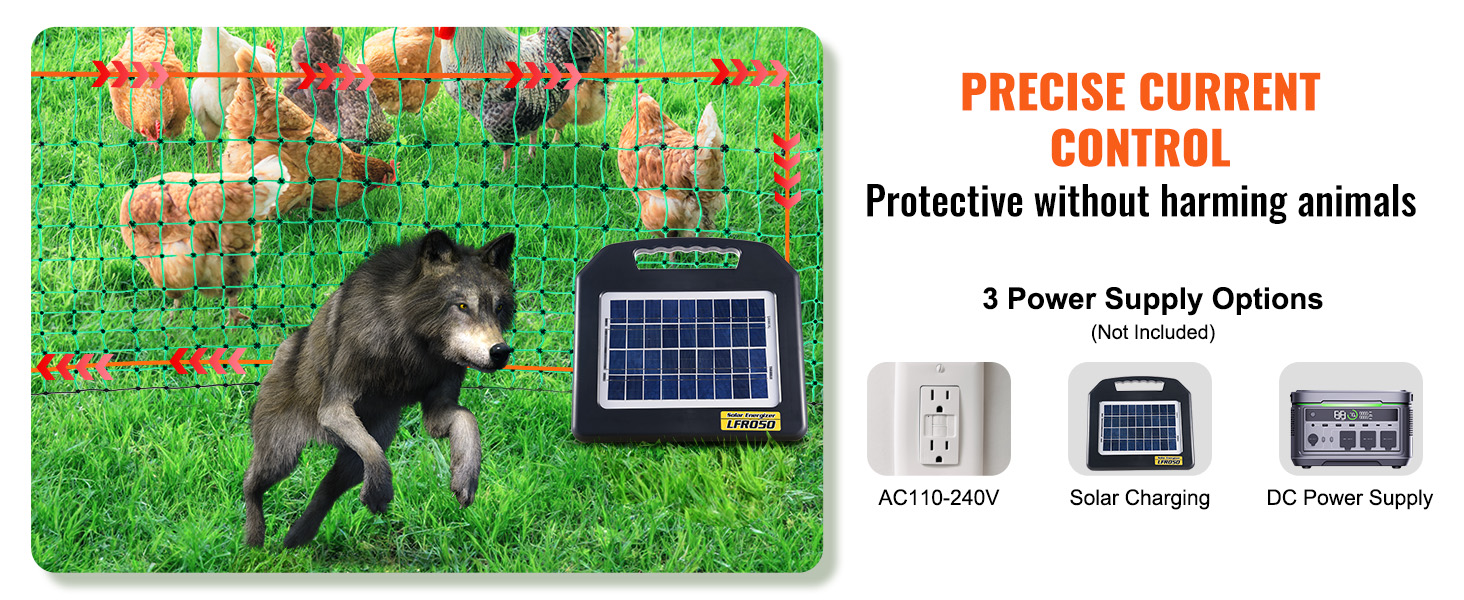 VEVOR electric fence netting protects chickens from predators with precise current control and solar power options.