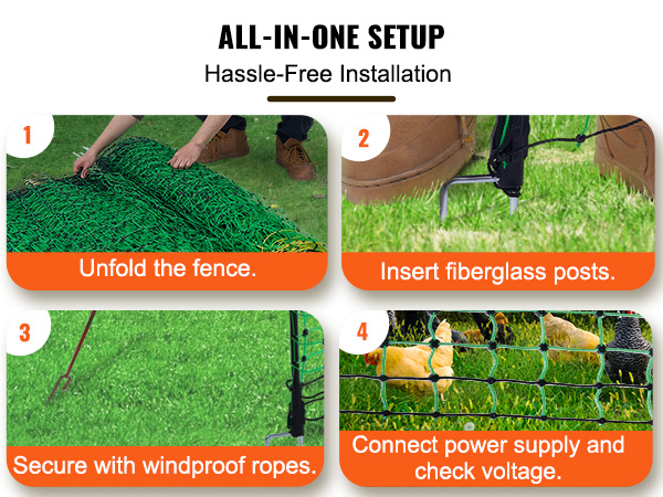 instructions for setting up VEVOR electric fence netting with included accessories.