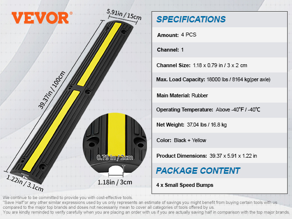 VEVOR cable protector ramp dimensions, specifications, and package contents detailed in a visual guide.