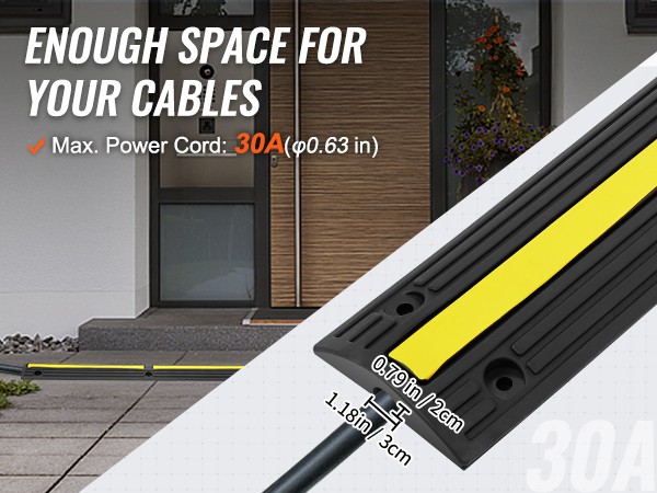 VEVOR cable protector ramp with yellow stripe in front of modern home entrance, max cable 30a.