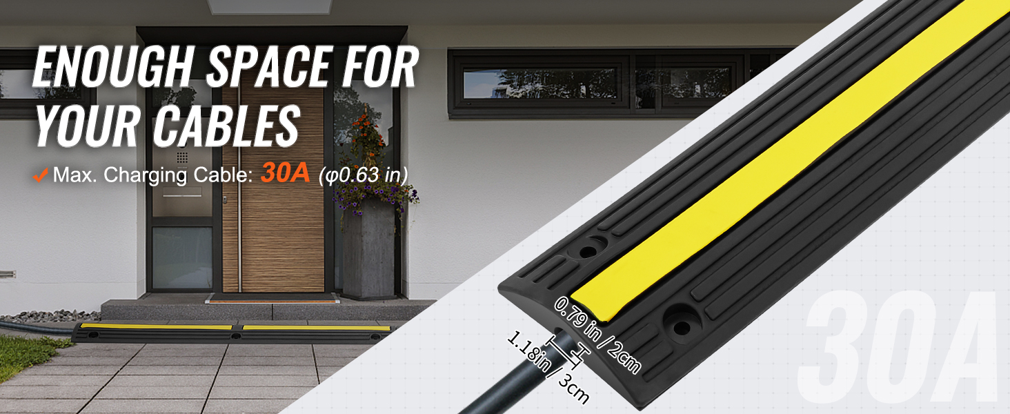 VEVOR cable protector ramp with yellow stripe in front of modern home entrance, max cable 30a.