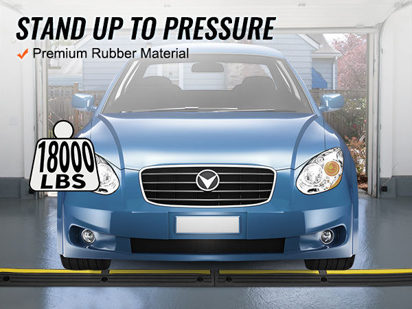 blue car on VEVOR cable protector ramp, premium rubber material, supports 18000 lbs, in garage.