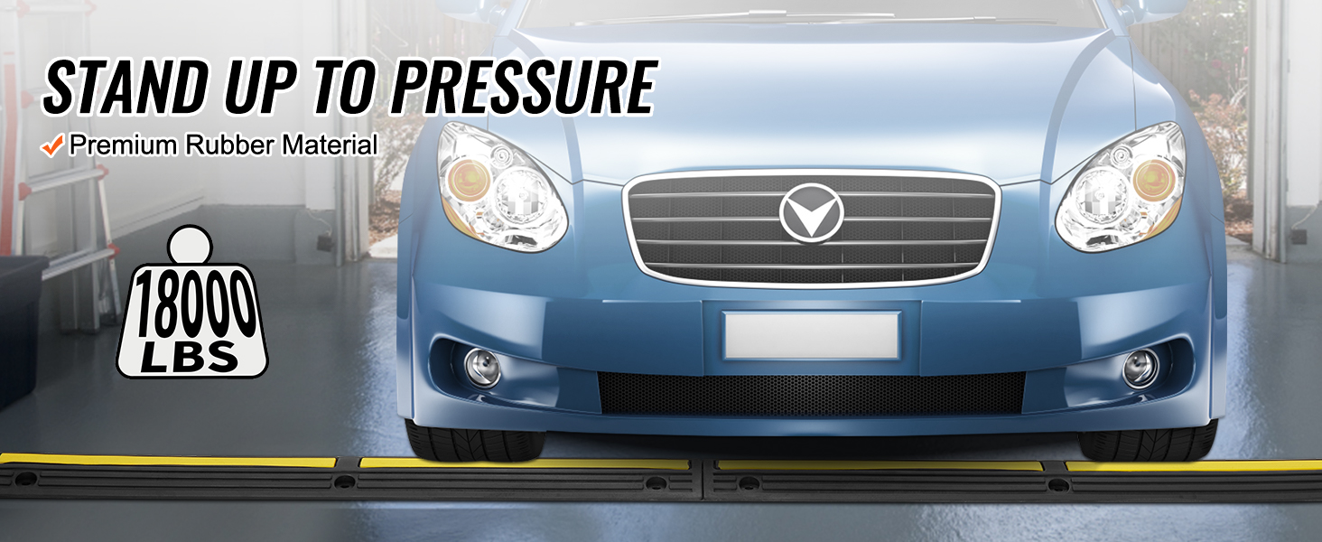 blue car on VEVOR cable protector ramp, premium rubber material, supports 18000 lbs, in garage.