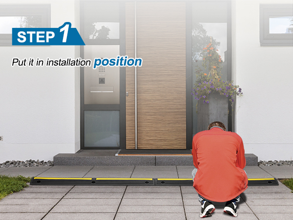 person installing VEVOR cable protector ramp in front of door with step-by-step guide.