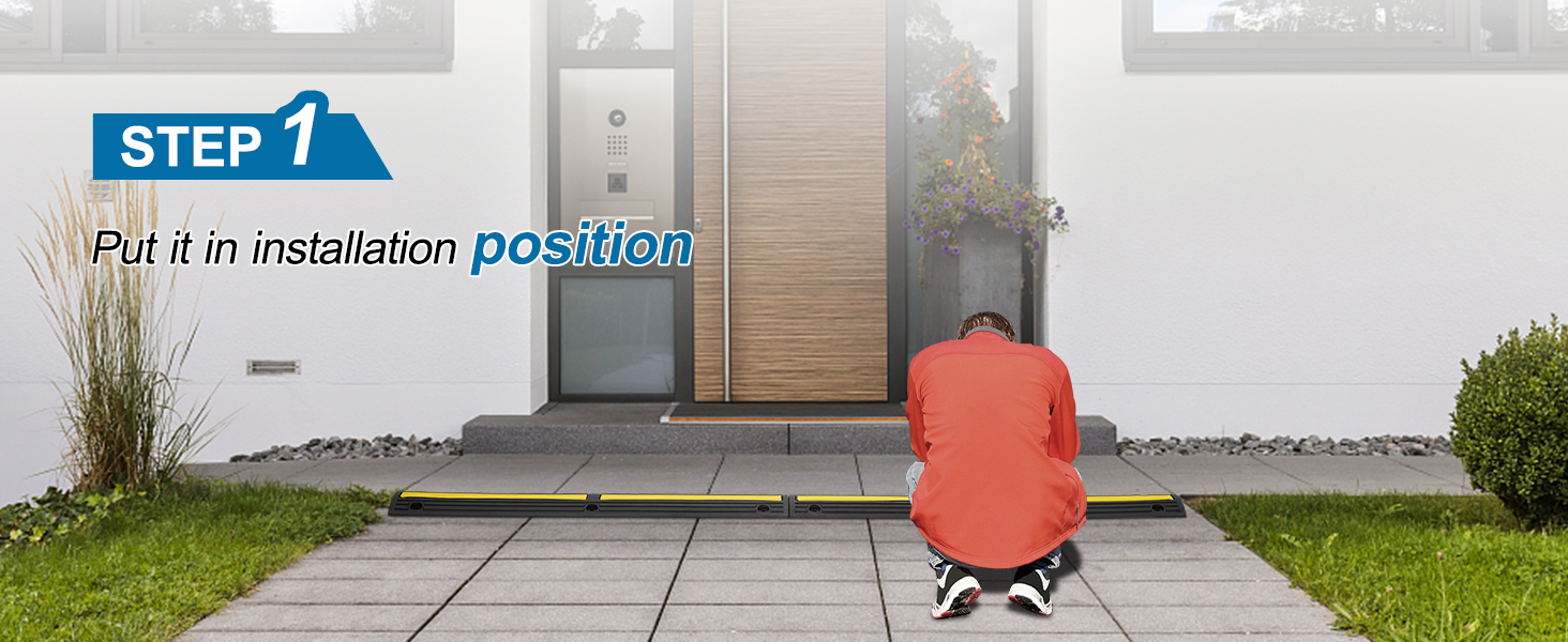 person installing VEVOR cable protector ramp in front of door with step-by-step guide.