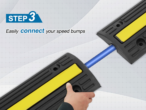 connecting VEVOR cable protector ramp with a hand, blue cable, and step 3 instruction in the background.