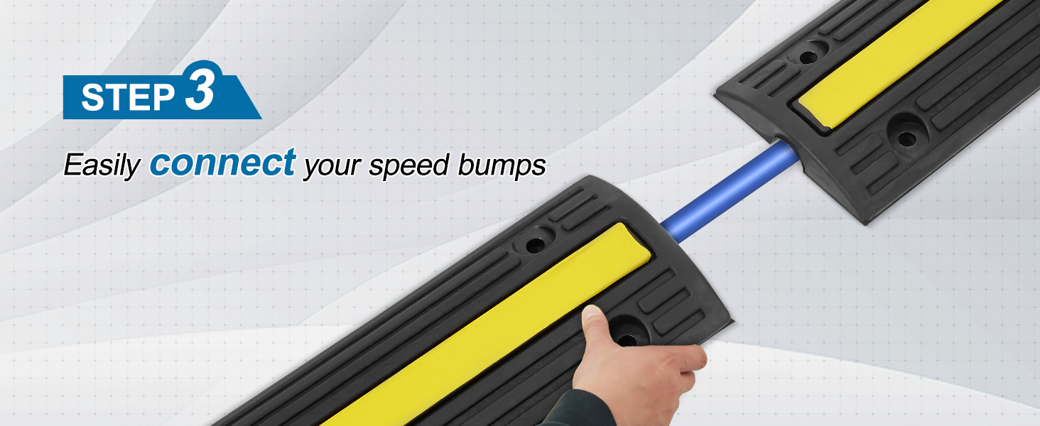 connecting VEVOR cable protector ramp with a hand, blue cable, and step 3 instruction in the background.