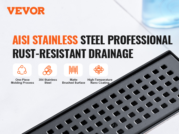 VEVOR linear shower drain, rust-resistant aisi stainless steel with matte brushed surface and nano coating.