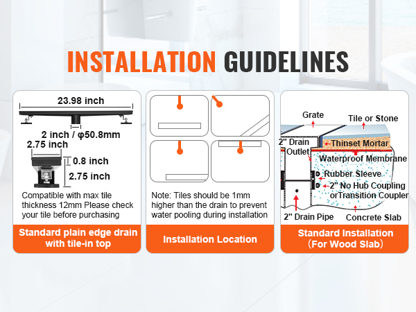 installation guidelines for VEVOR linear shower drain: dimensions, installation location, and standard setup.