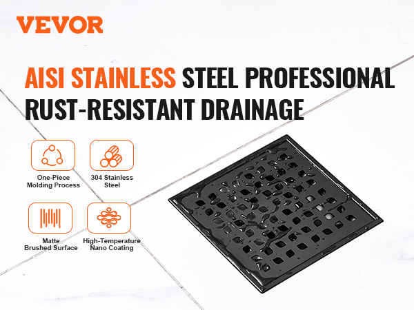 VEVOR 16 inch linear shower drain, rust-resistant aisi stainless steel, matte brushed surface.