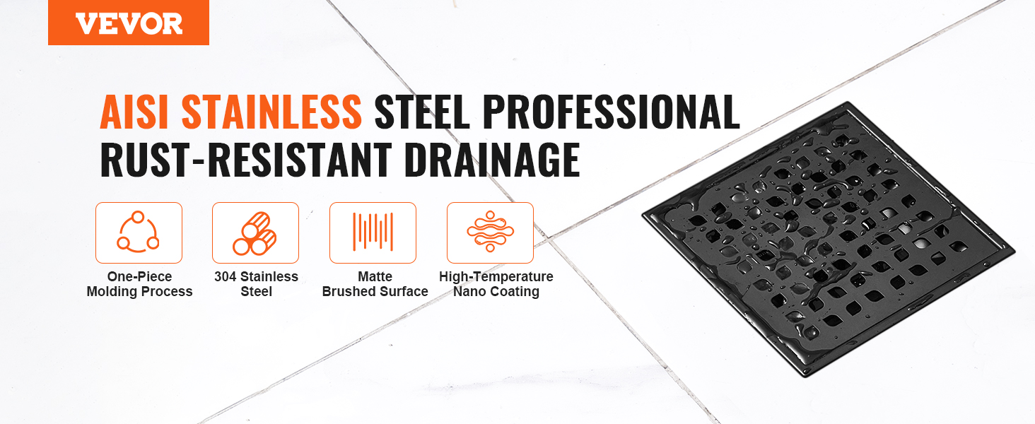 VEVOR 16 inch linear shower drain, rust-resistant aisi stainless steel, matte brushed surface.