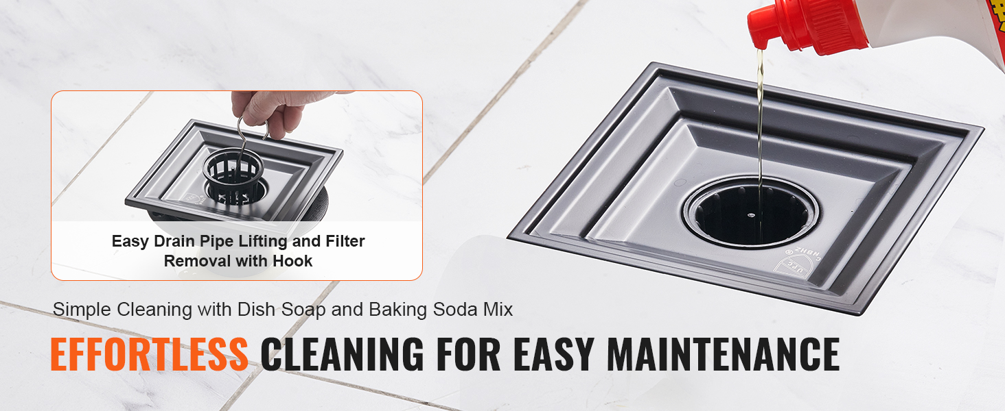 VEVOR 16 inch linear shower drain with easy cleaning and filter removal using hook and baking soda.
