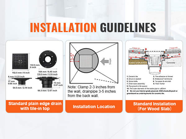installation guidelines for VEVOR 16 inch linear shower drain showing parts, location, and standard installation steps.