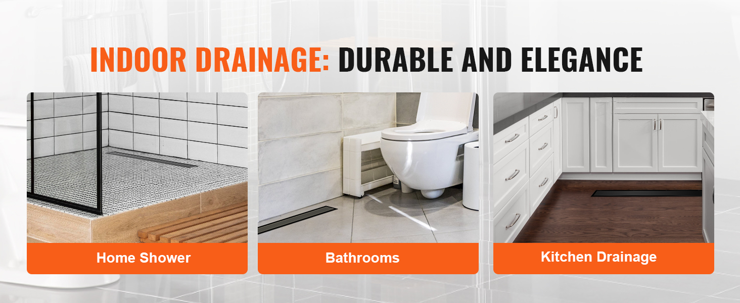 indoor drainage showcase featuring VEVOR linear shower drain in home shower, bathroom, and kitchen settings.