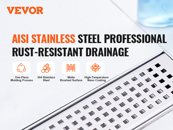 VEVOR linear shower drain, aisi stainless steel, rust-resistant, 304 stainless, matte brushed surface.