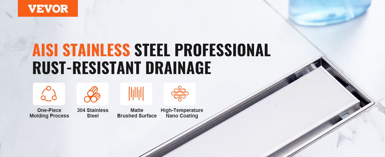 VEVOR linear shower drain with aisi stainless steel, rust-resistant matte brushed surface, and nano coating.