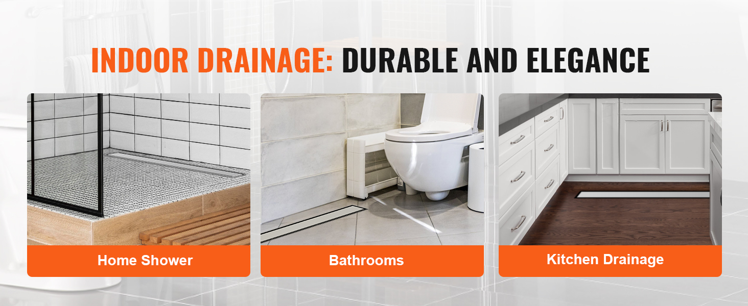 indoor drainage solutions from VEVOR: linear shower drain in home showers, bathrooms, kitchens. durable elegance.