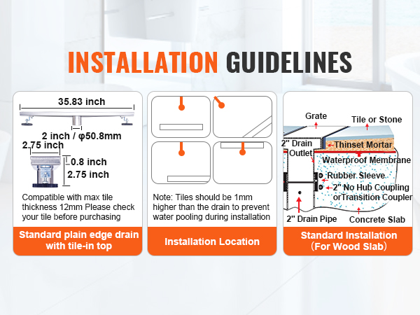 VEVOR linear shower drain installation guidelines with dimensions, plain edge drain, and standard installation.